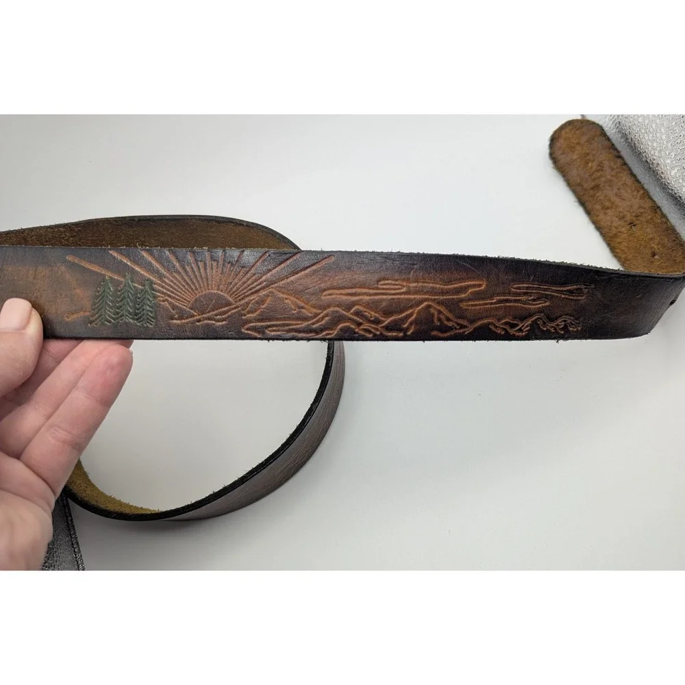 Vintage Hand Tooled 37-40 Leather California Mountain Scene Belt Dark Brown Snap